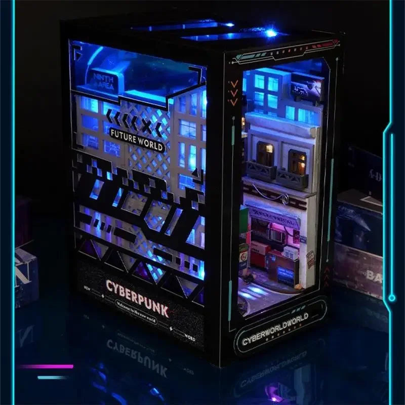 Cyberpunk World DIY book nook kit, detail view 2