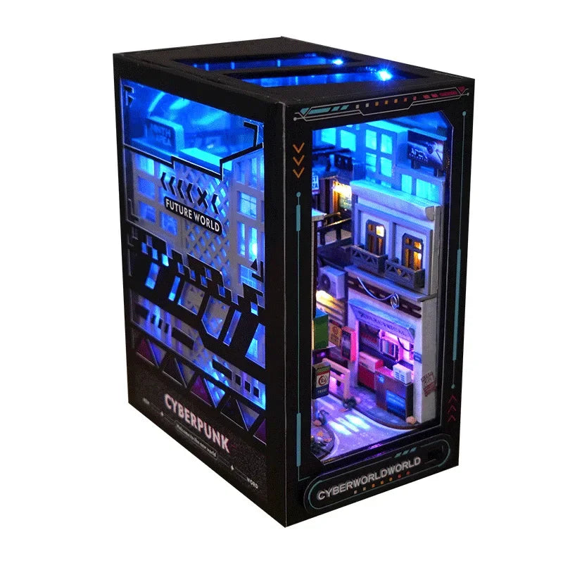 Cyberpunk World DIY book nook kit, miniature bookshelf insert